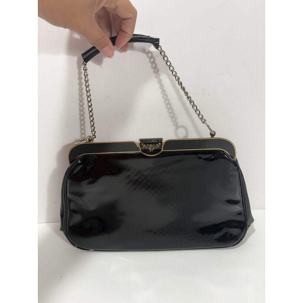Vintage Crown Lewis 50s/60s Black Patent Leather‎ Chain Handle Bag Retro Purse